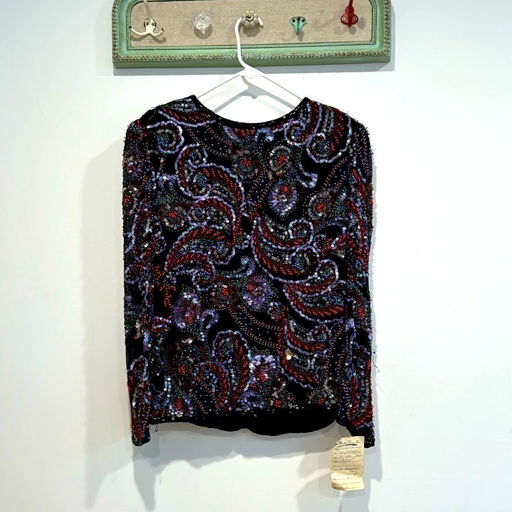 Oleg Cassini swirl sequin silk long sleeve special event top women’s new w tag